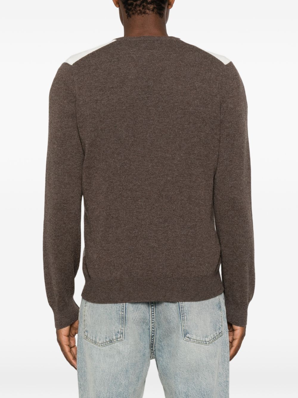 VENGERA Maglia marrone con scollo a V in lana e motivo a rombi 