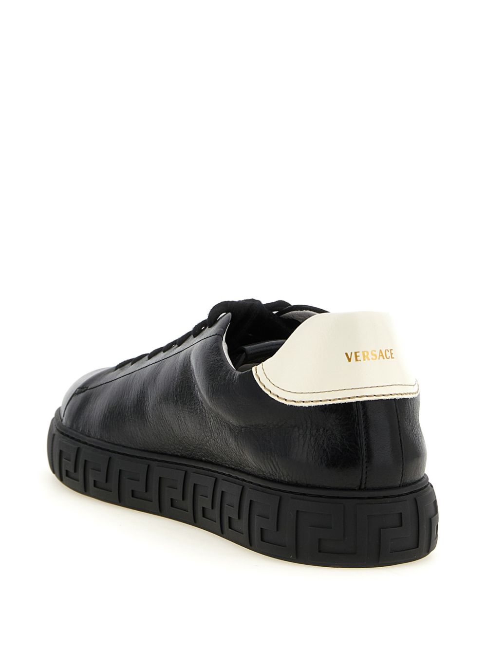VERSACE Sneakers Greca in pelle nera con talloncino bianco 