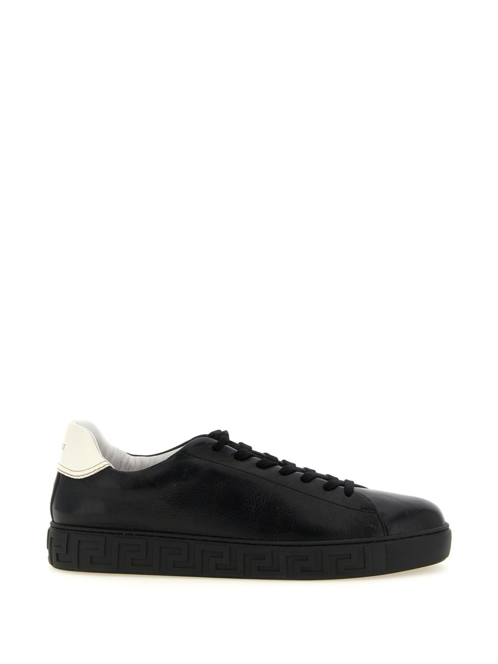 VERSACE Sneakers Greca in pelle nera con talloncino bianco 
