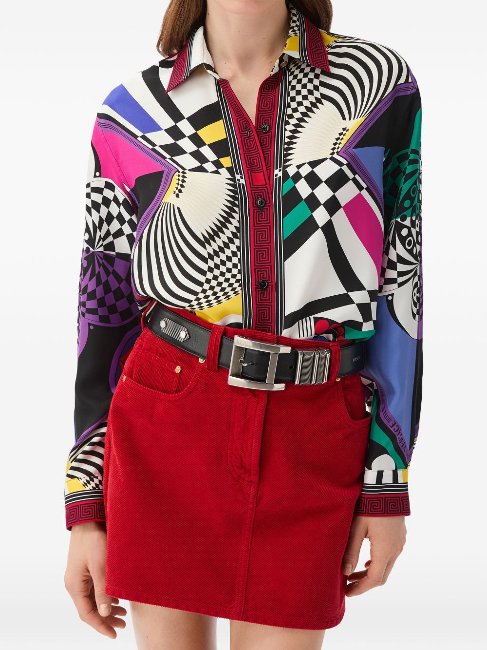 VERSACE Camicia in seta con fantasia geometrica multicolore 