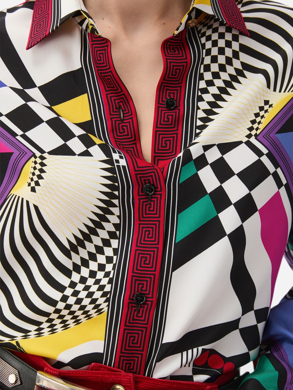 VERSACE Camicia in seta con fantasia geometrica multicolore 