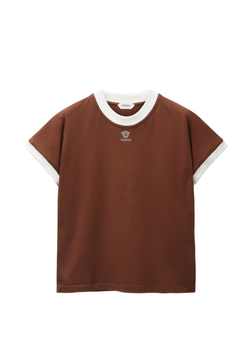 VERSACE T-shirt marrone in cotone con logo Medusa ricamato 