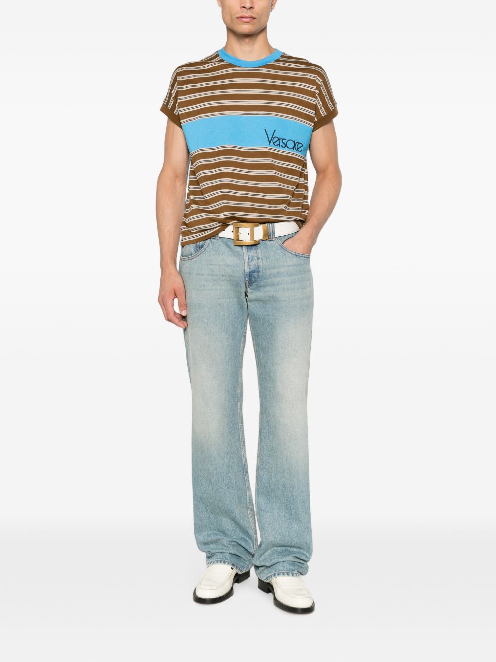 VERSACE T-shirt in cotone a righe con intarsio logo Versace 
