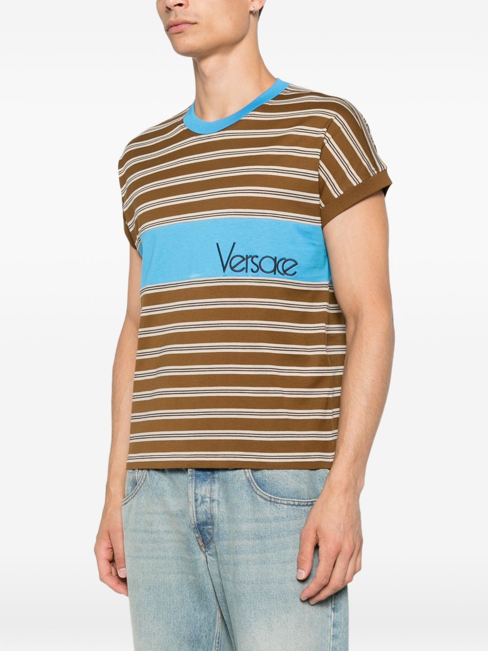 VERSACE T-shirt in cotone a righe con intarsio logo Versace 