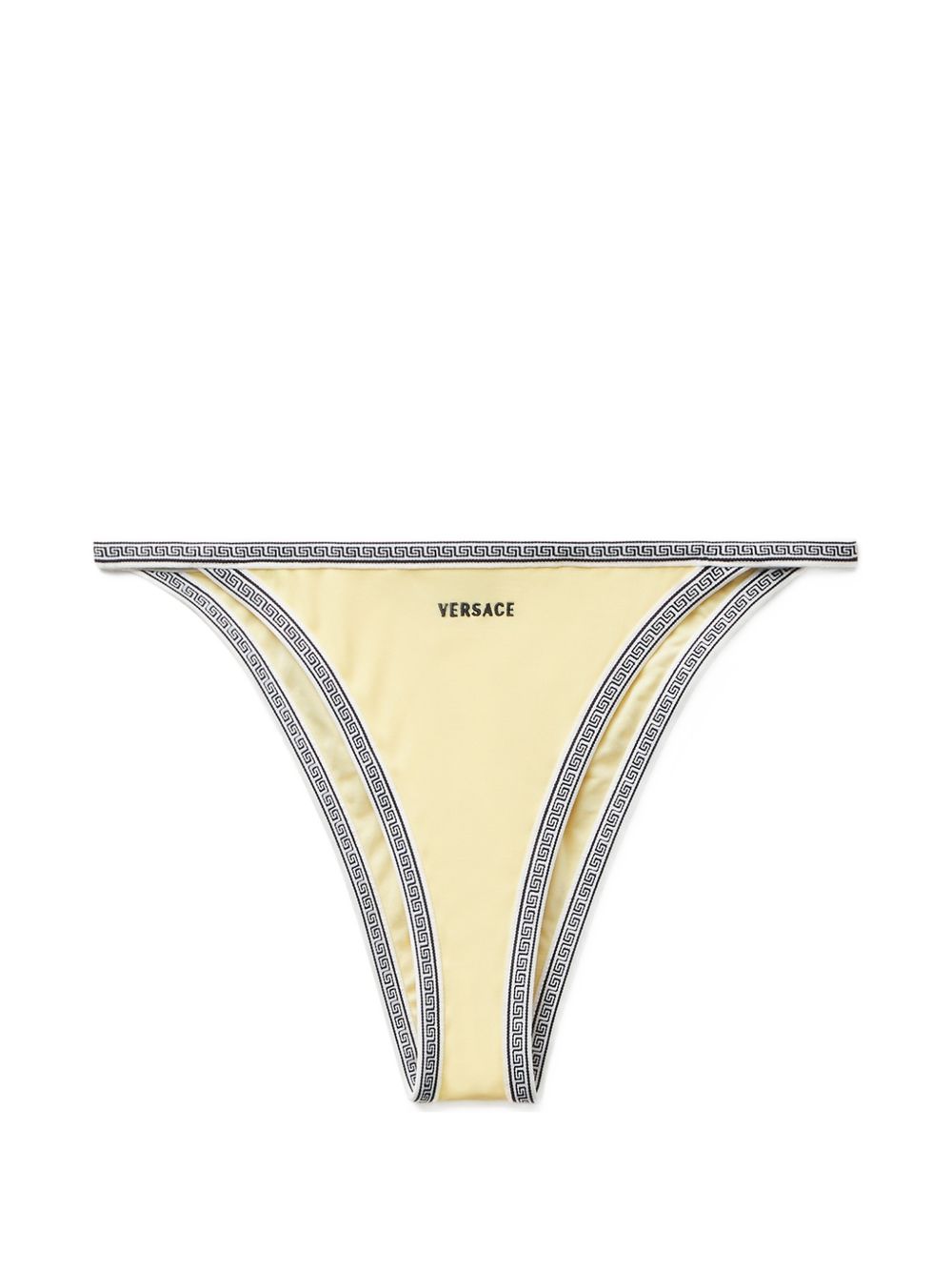 VERSACE Slip bikini giallo con bordo geometrico e logo 