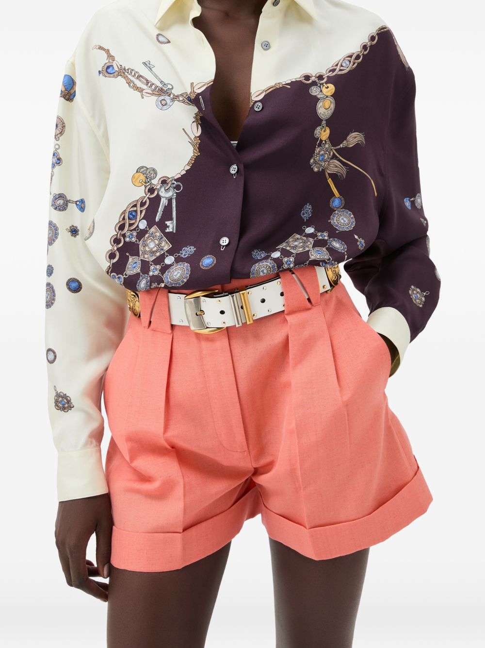 VERSACE Camicia in seta avorio e bordeaux con stampa multicolor 
