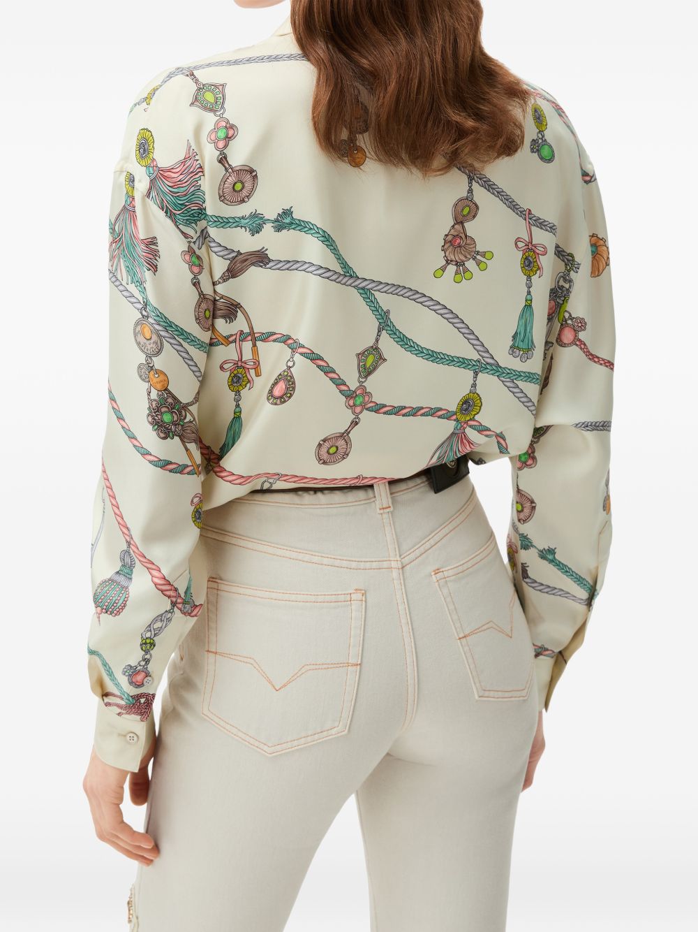 VERSACE Camicia avorio in seta con stampa multicolor 