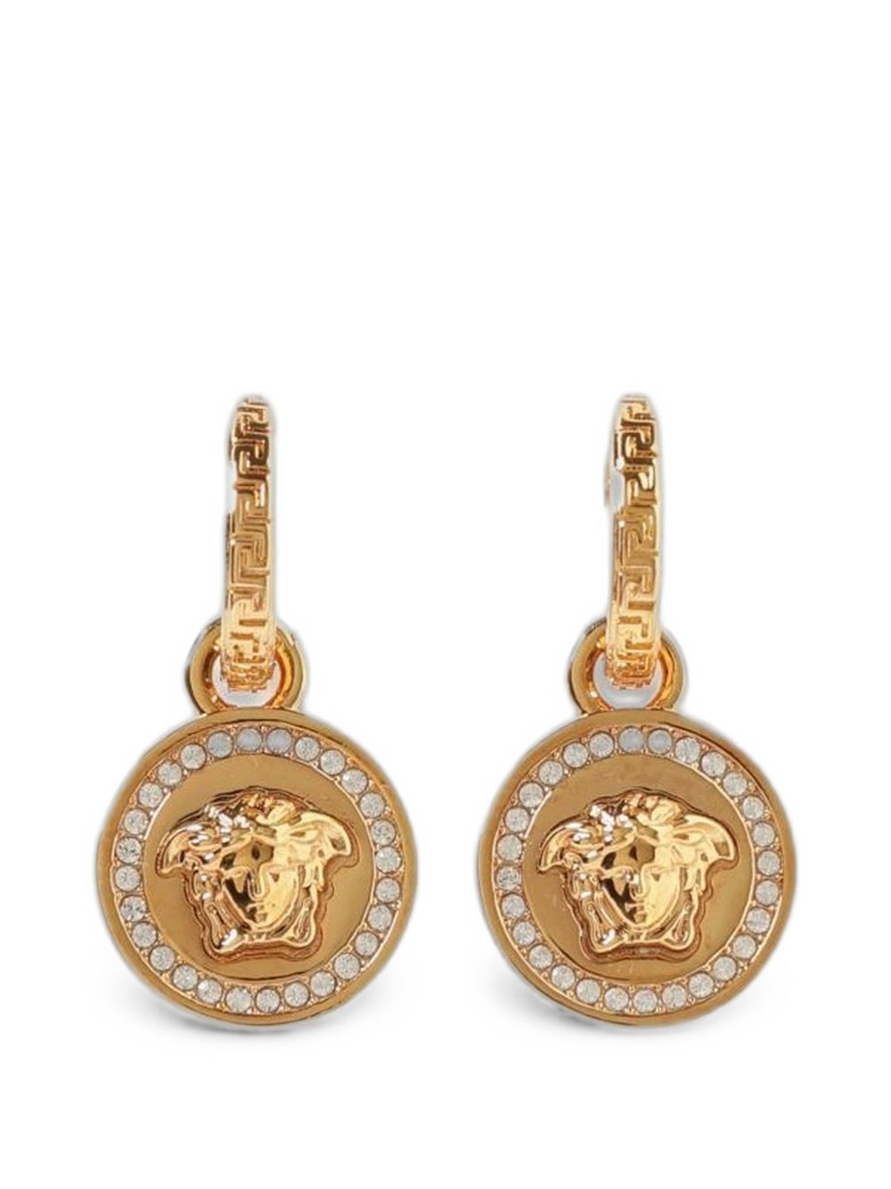 VERSACE Orecchini pendenti con cerchio Greca e Medusa dorata con strass 