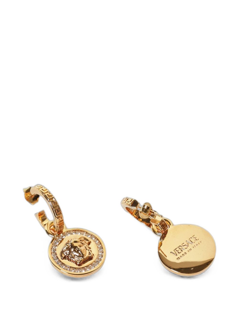 VERSACE Orecchini pendenti con cerchio Greca e Medusa dorata con strass 