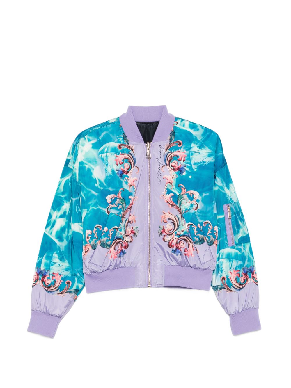 VERSACE JEANS COUTURE Bomber multicolore con stampa barocca azzurra e viola 