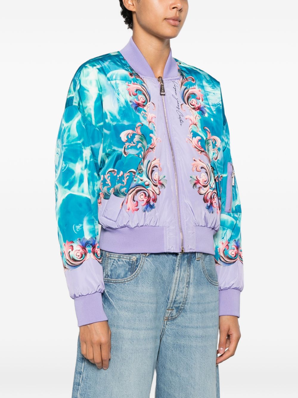 VERSACE JEANS COUTURE Bomber multicolore con stampa barocca azzurra e viola 