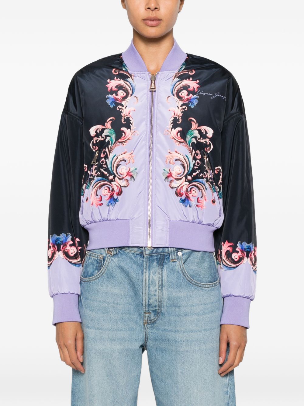 VERSACE JEANS COUTURE Bomber multicolore con stampa barocca azzurra e viola 