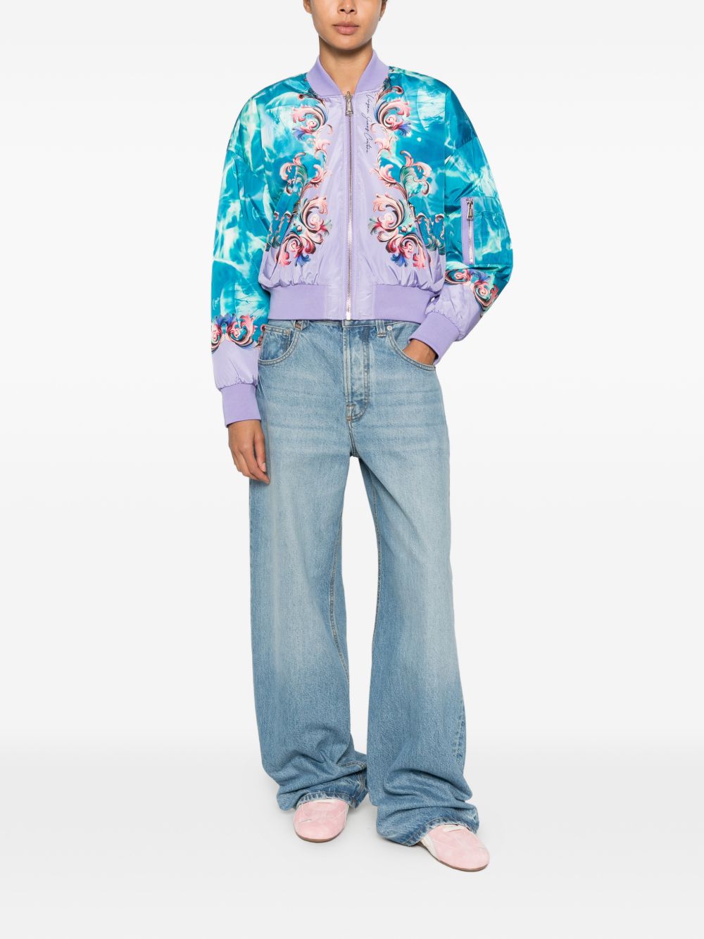 VERSACE JEANS COUTURE Bomber multicolore con stampa barocca azzurra e viola 