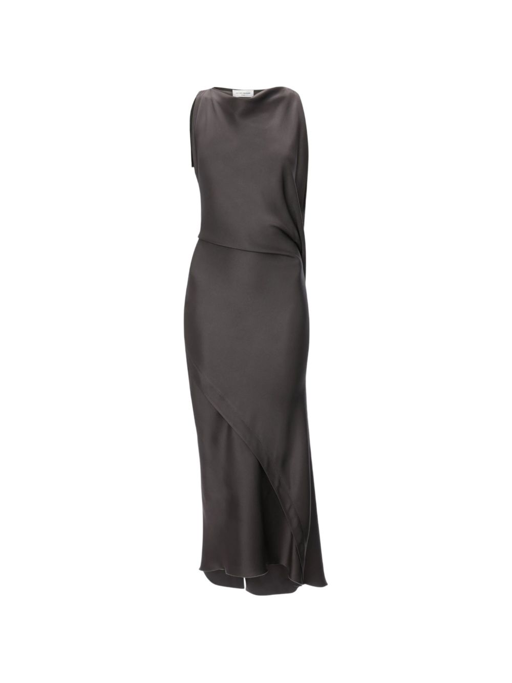 VICTORIA BECKHAM Abito midi Kyra in raso crêpe marrone con orlo asimmetrico 