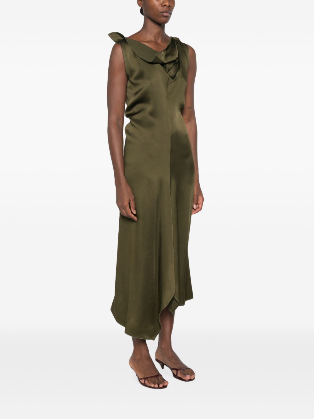 VICTORIA BECKHAM Abito midi asimmetrico con collo drappeggiato verde lucido 