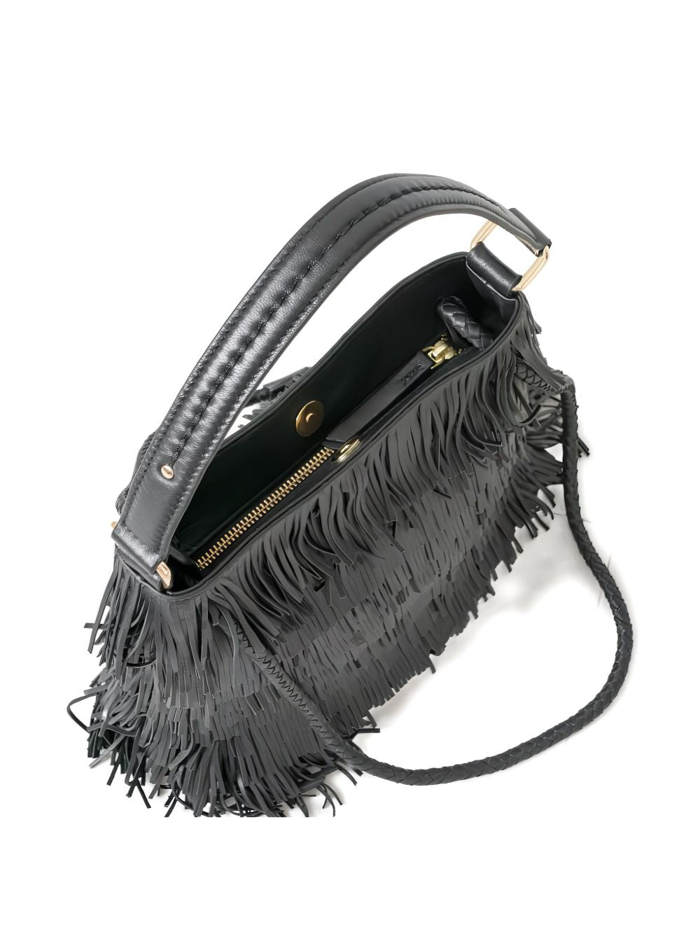 VISONA Borsa in pelle Nappa con frange all-over nera 