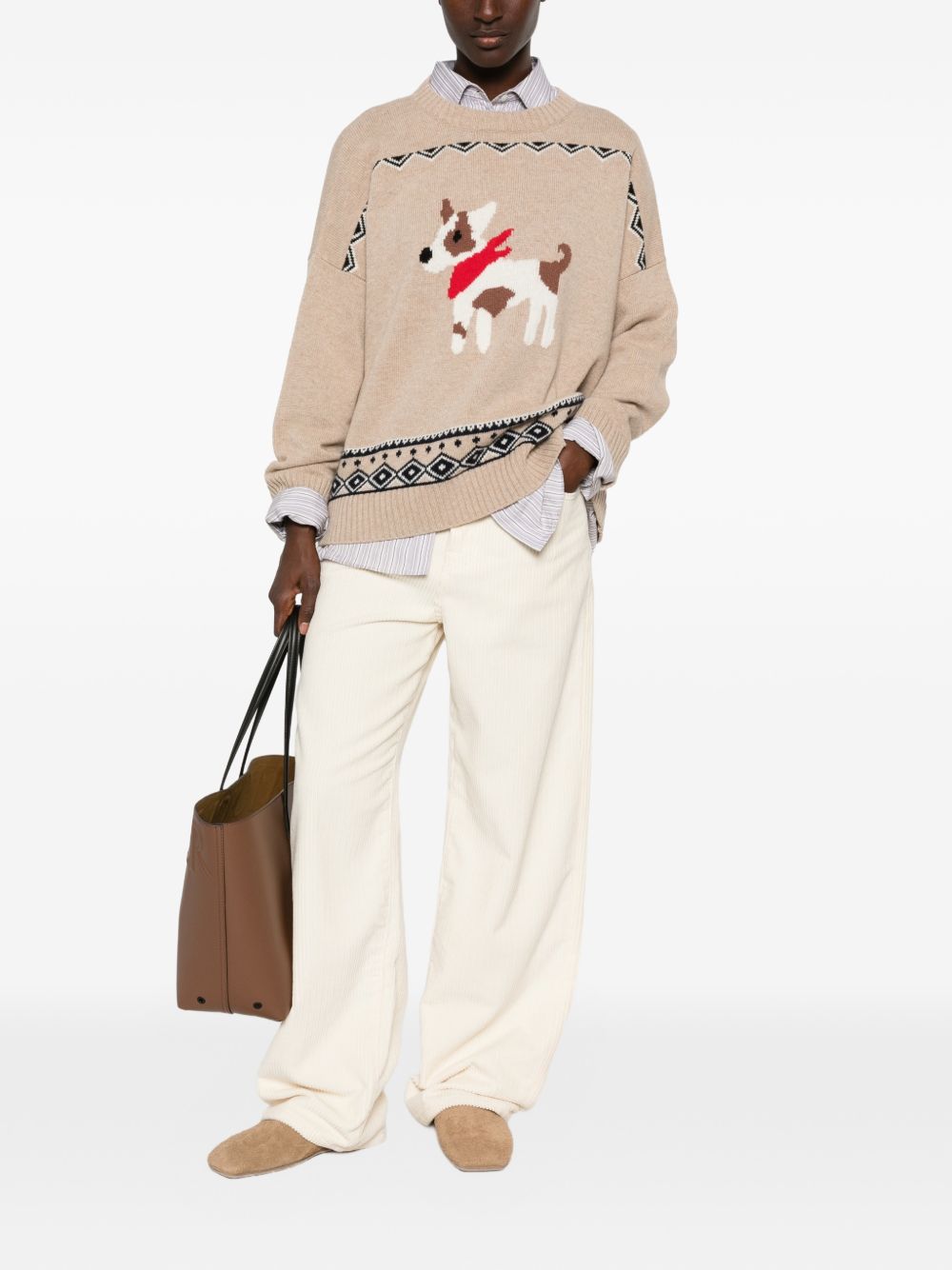 WEEKEND MAX MARA Maglia girocollo in lana beige con motivo cagnolino 