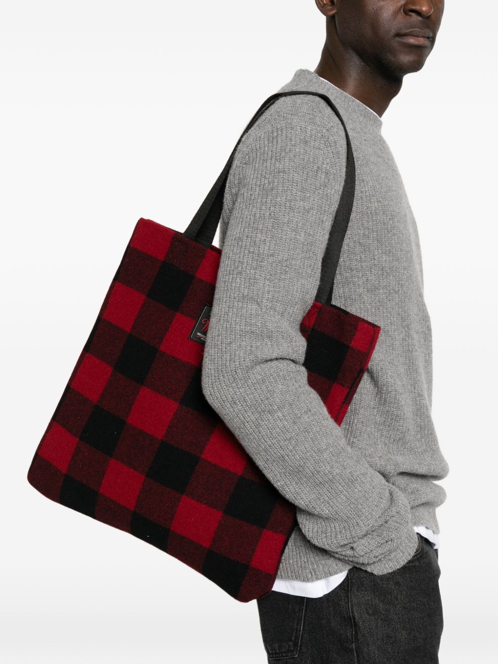 WOOLRICH Borsa in misto lana a quadri nera e rossa 