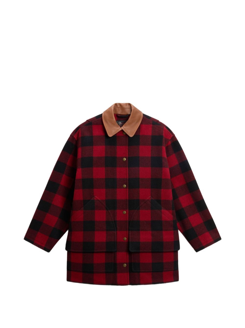 WOOLRICH Cappotto corto in lana a quadri rossi con colletto in velluto marrone 