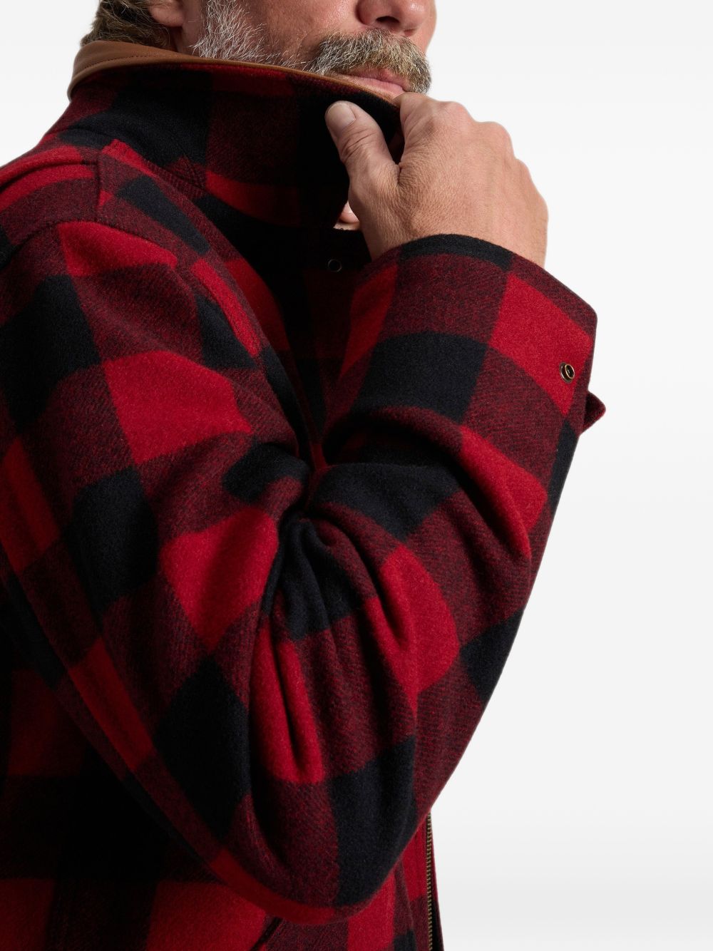 WOOLRICH Cappotto corto in lana a quadri rossi con colletto in velluto marrone 
