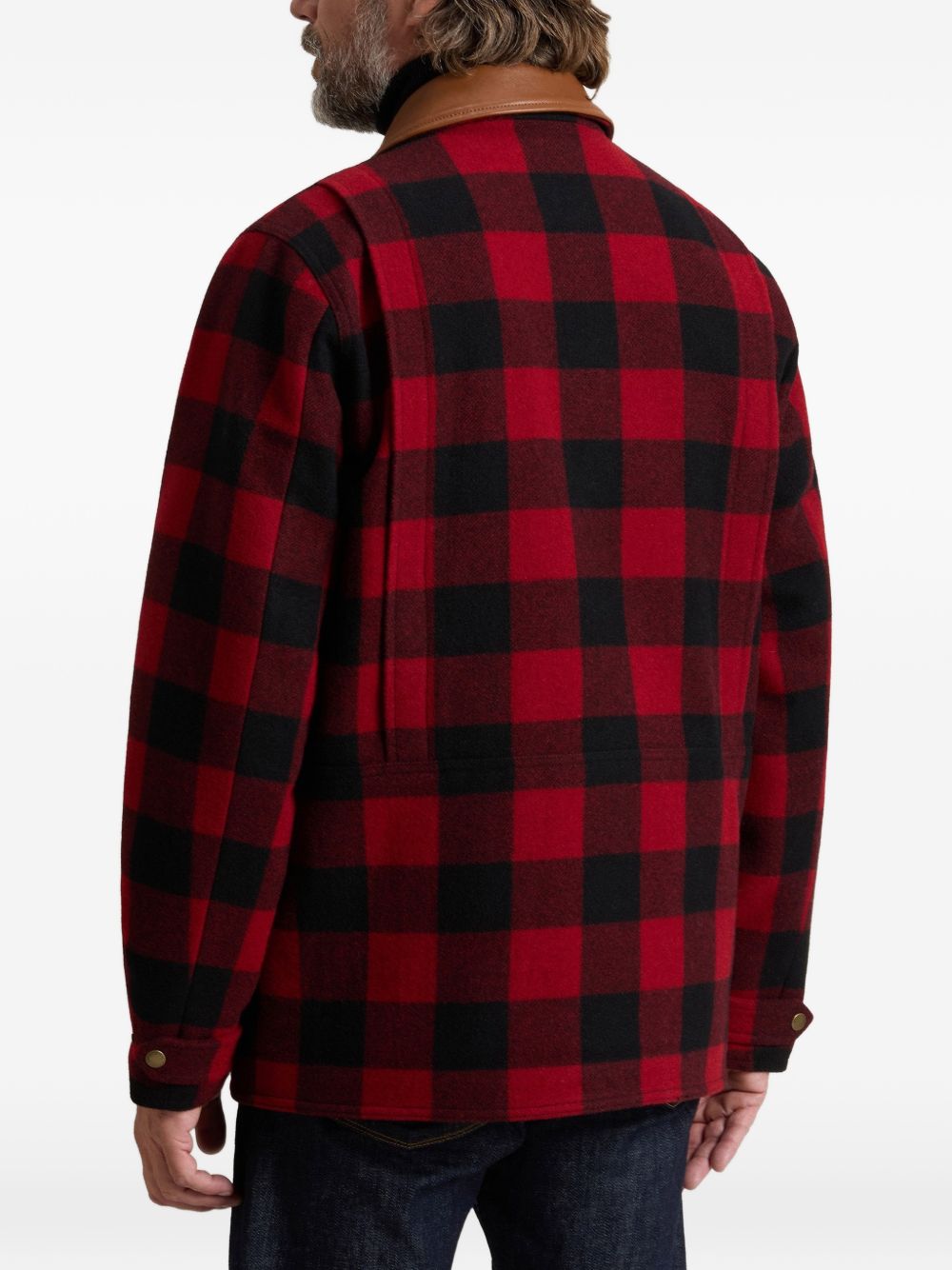 WOOLRICH Cappotto corto in lana a quadri rossi con colletto in velluto marrone 