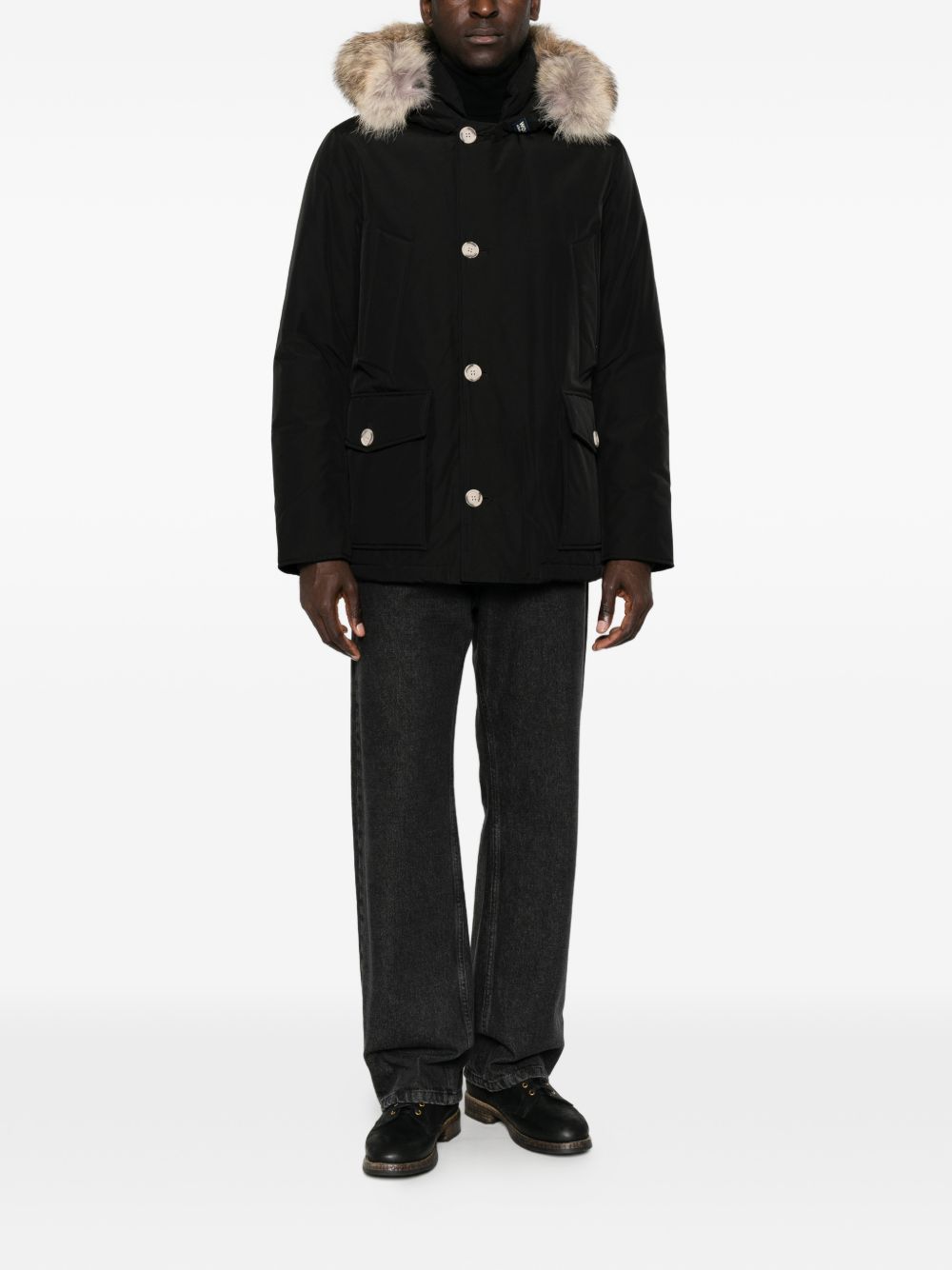 WOOLRICH Parka nero con cappuccio e pelliccia 