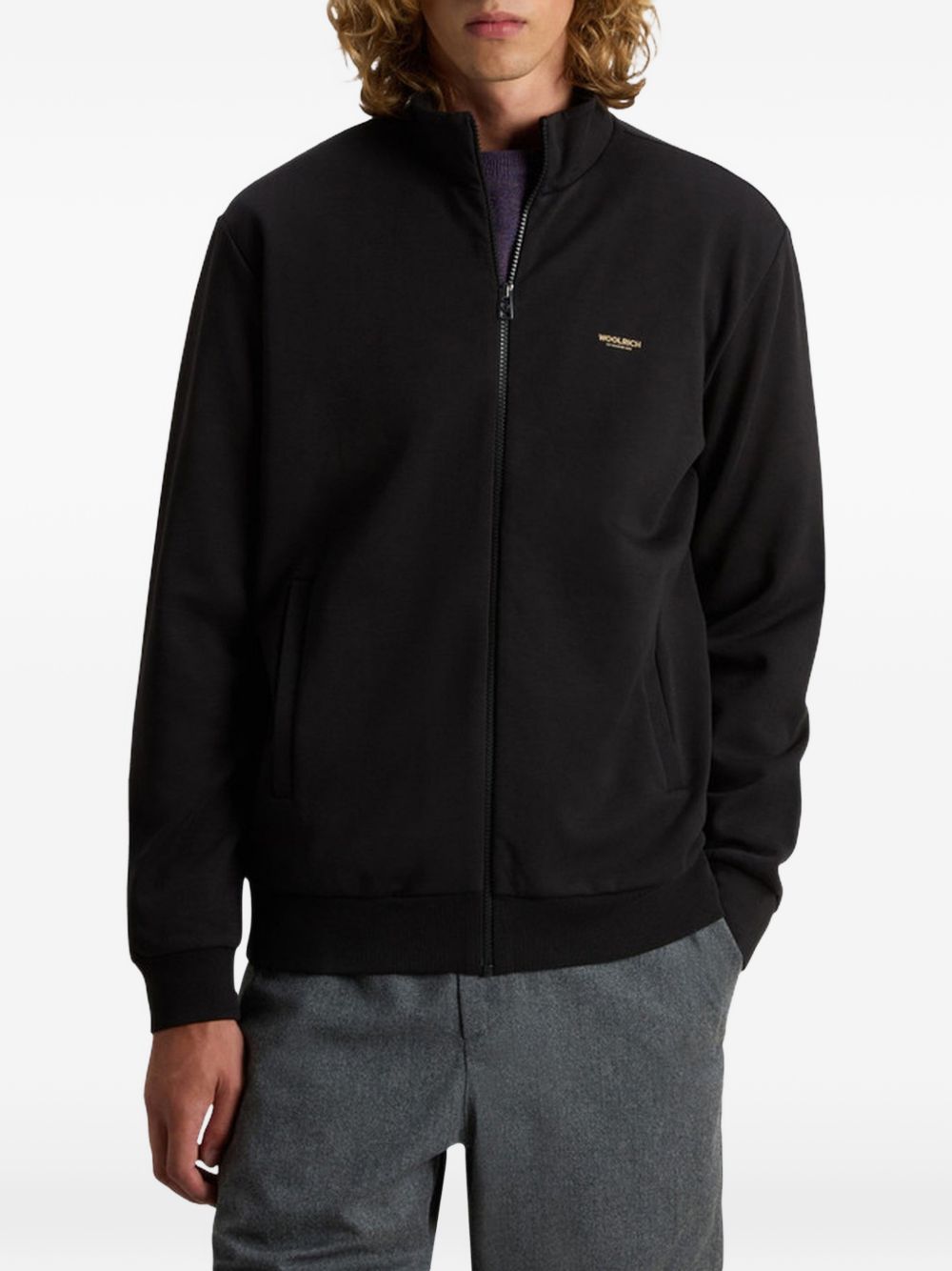 WOOLRICH Felpa nera con zip e logo 