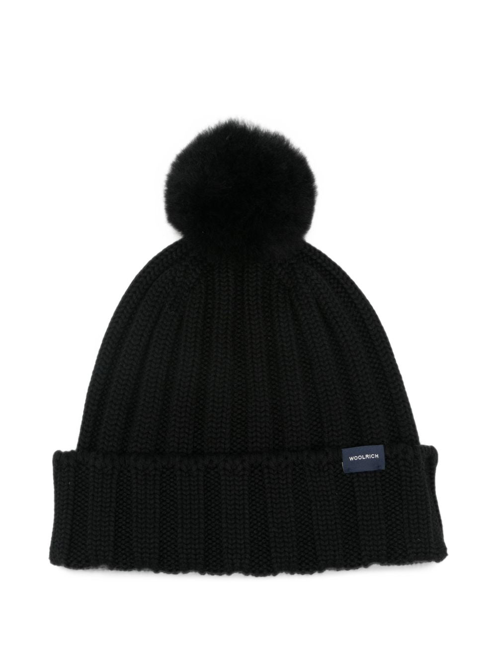 WOOLRICH Cappello nero in lana a coste con pon pon 