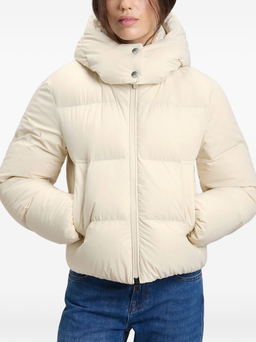 WOOLRICH Piumino Corto Crema con Cappuccio 