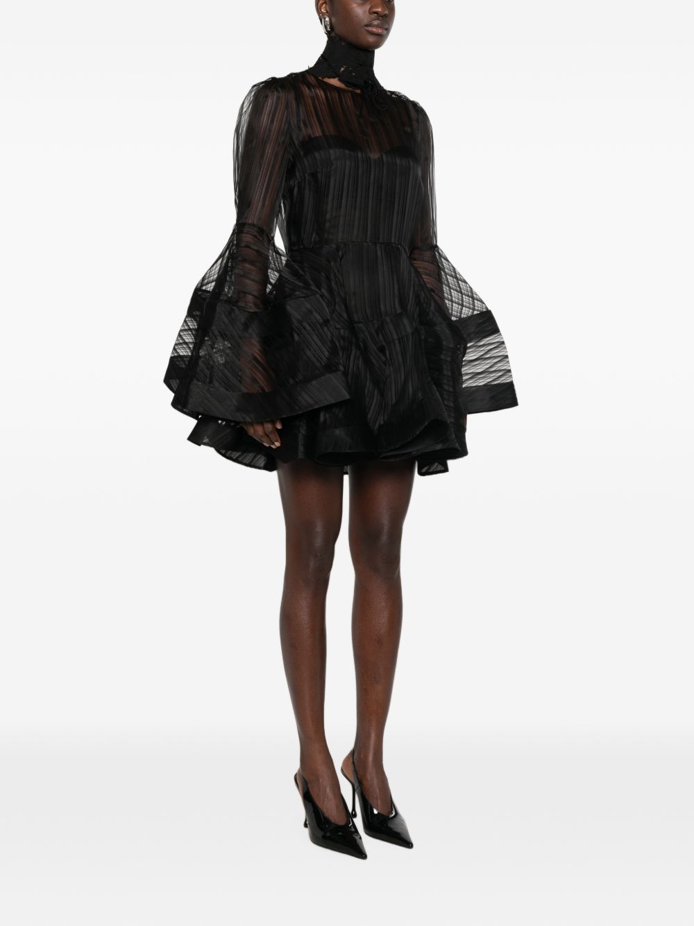 ZIMMERMANN Mini abito nero in organza di seta con maniche voluminose 