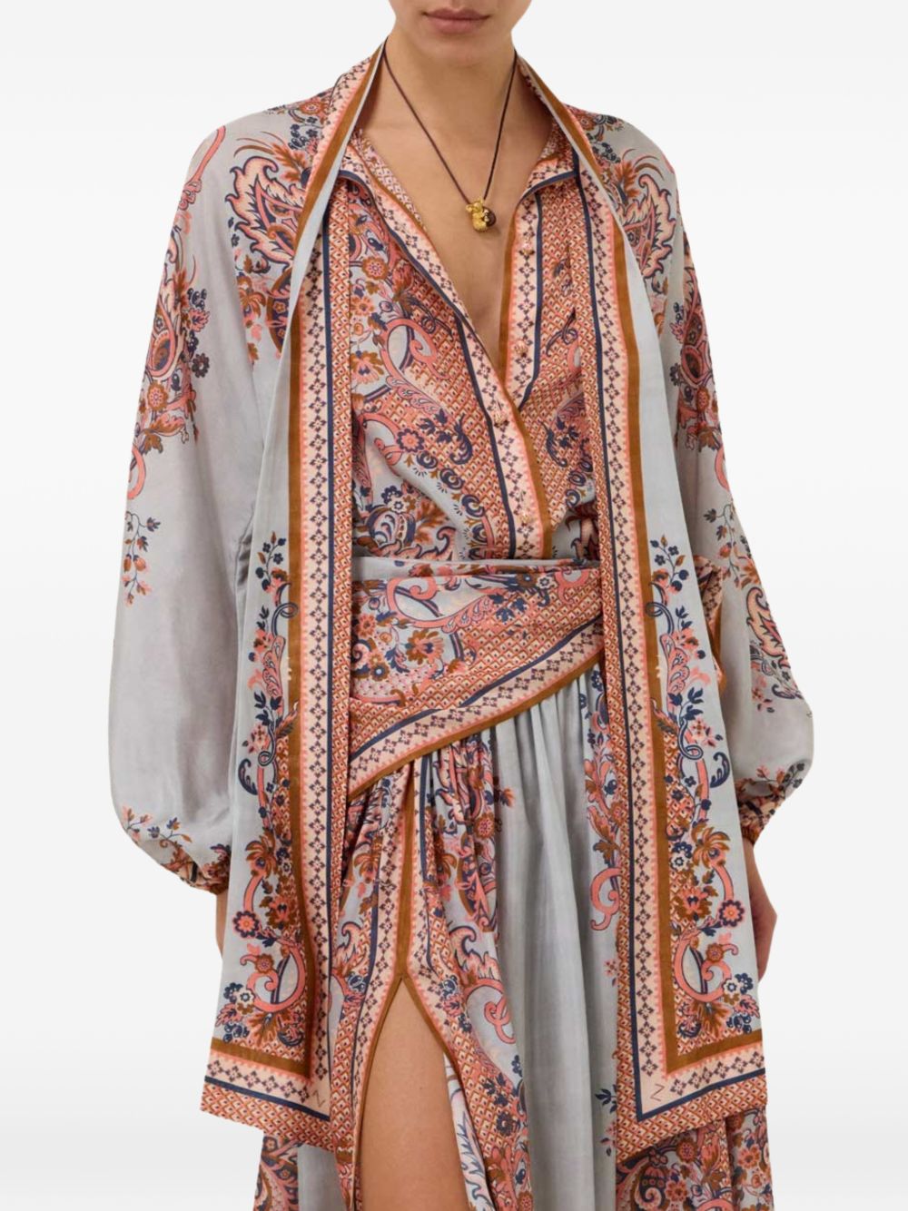 ZIMMERMANN Blusa Aster con fiocco al collo in seta stampa paisley blu 