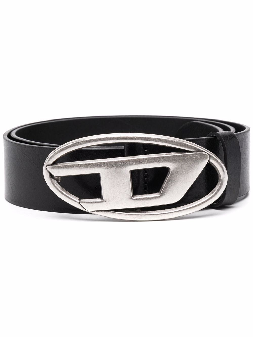 DIESEL Cintura in pelle nera con fibbia con logo 