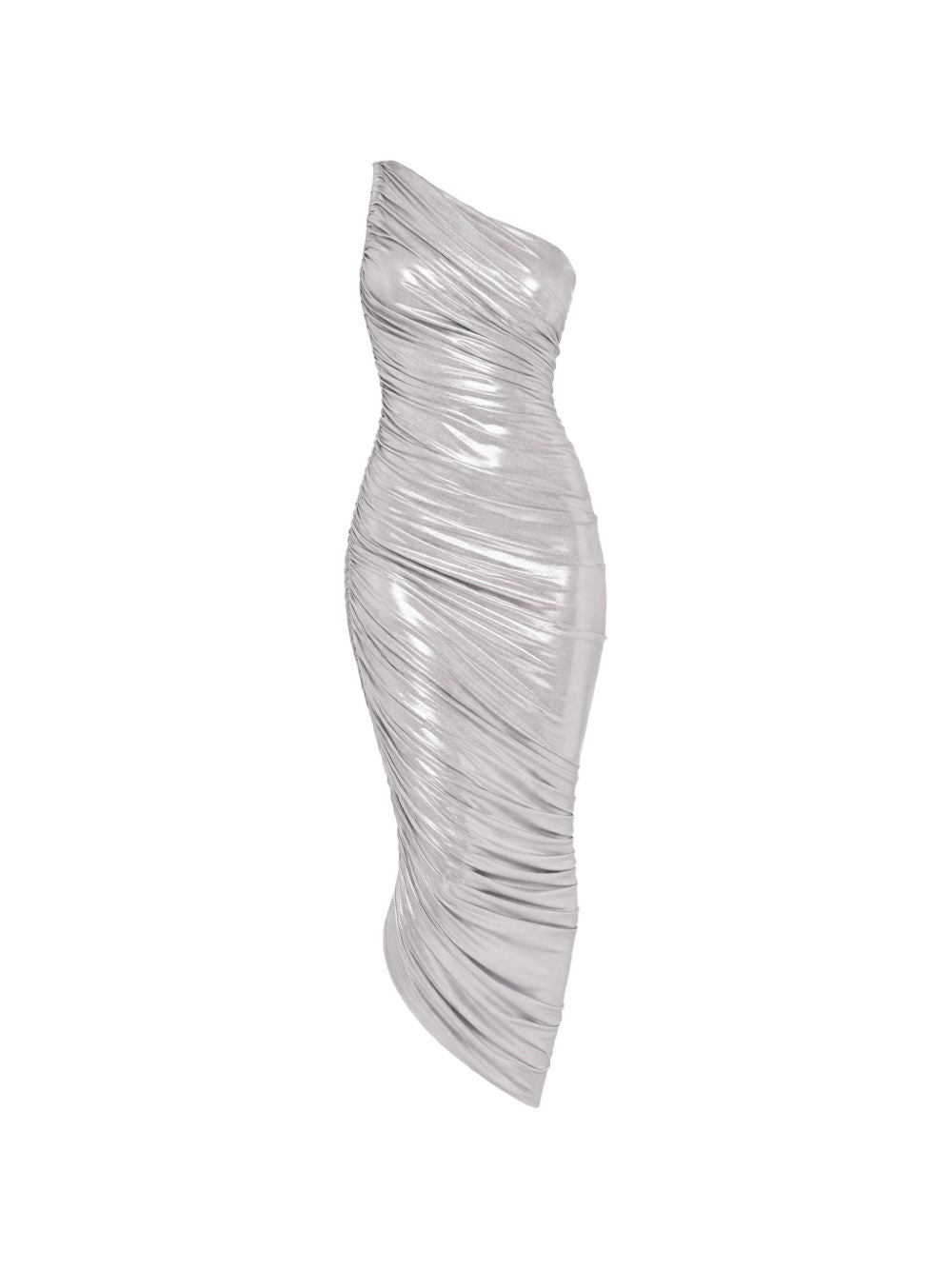 NORMA KAMALI Abito midi Diana Gown argento drappeggiato monospalla 