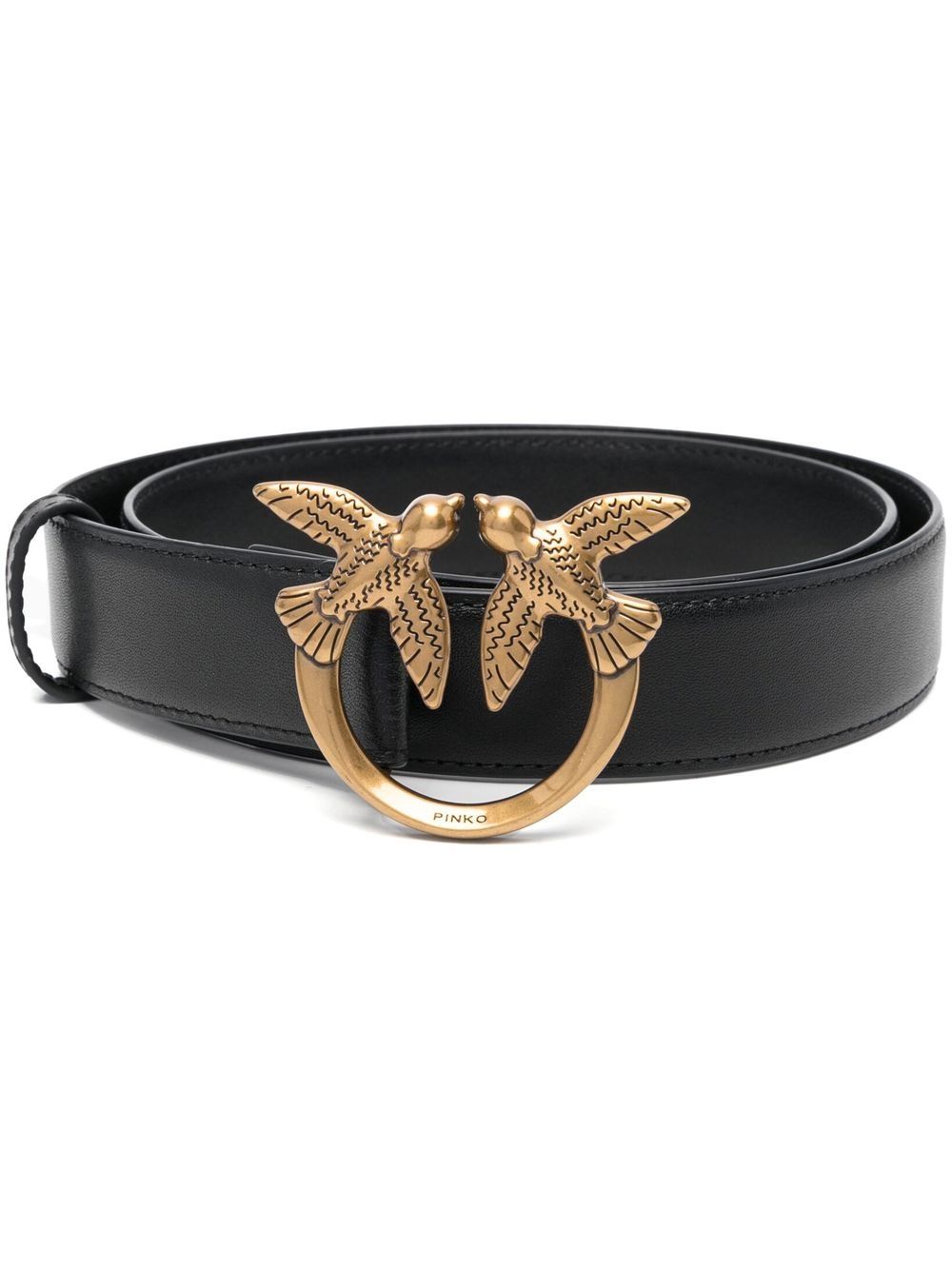 PINKO Cintura in pelle nera con logo oro 