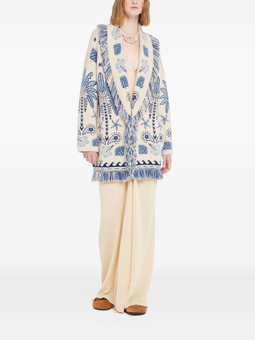 ALANUI Cardigan bianco e celeste con frange e cintura 