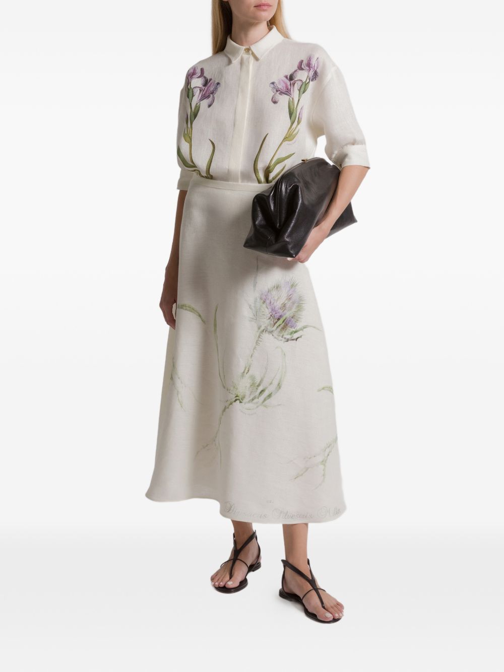 ALBERTA FERRETTI Camicia a maniche corte in lino bianco con stampa floreale 