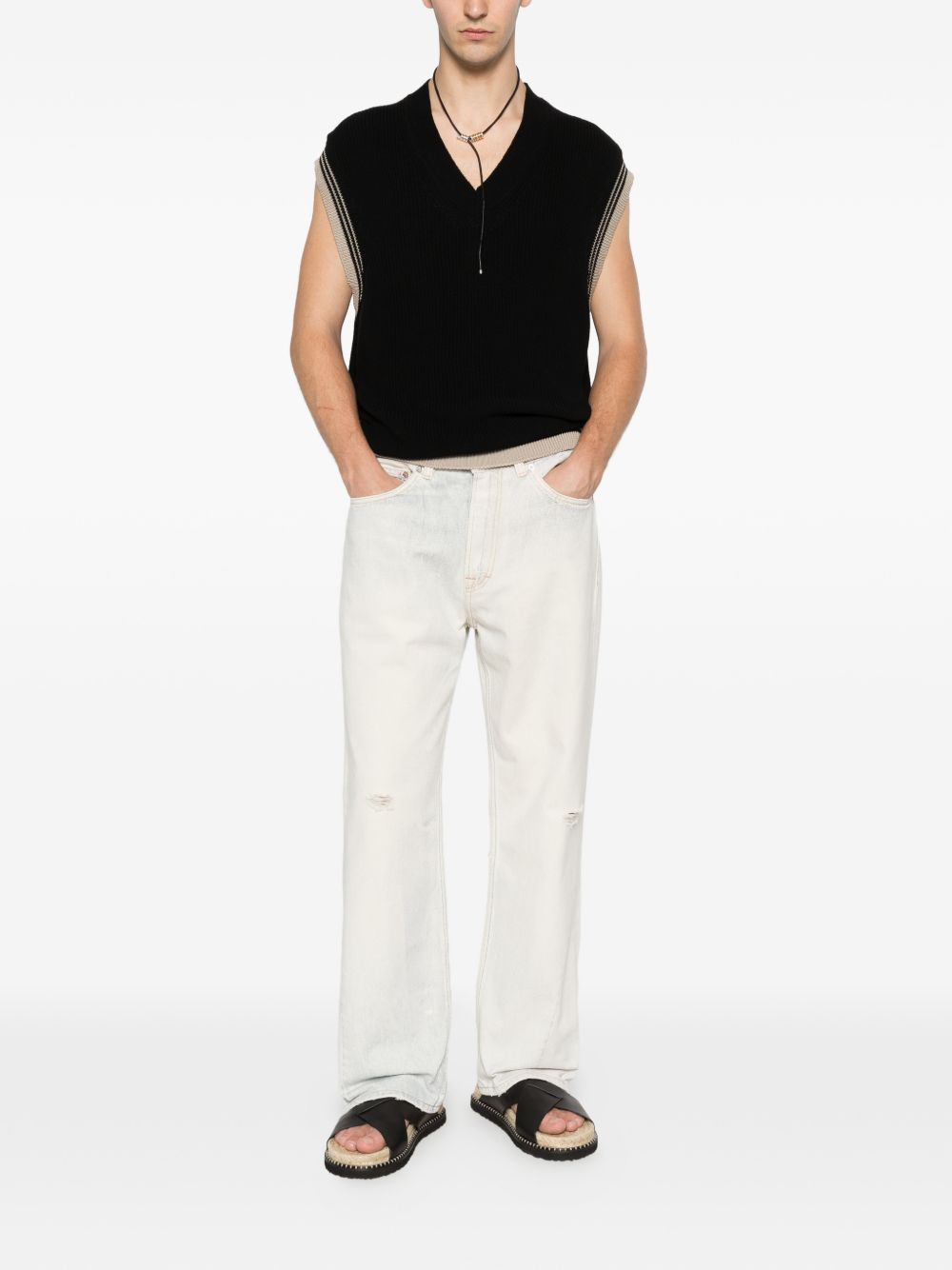 AMARANTO Gilet con scollo a V nero con bordi beige 