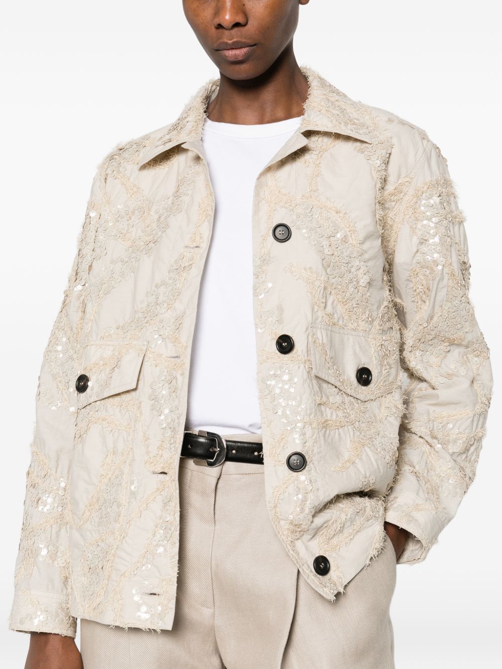 BRUNELLO CUCINELLI Giacca in cotone beige chiaro con paillettes 