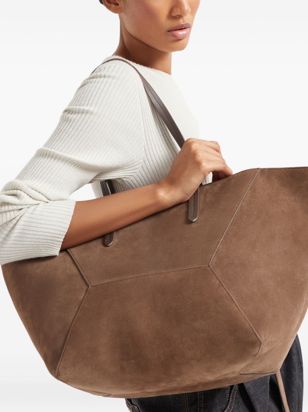 BRUNELLO CUCINELLI Maxi borsa shopping in pelle scamosciata marrone 