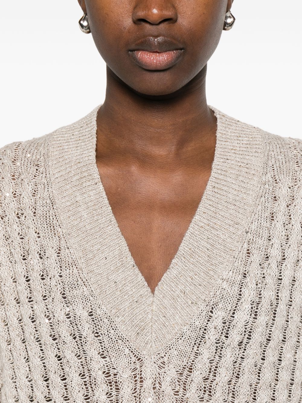 BRUNELLO CUCINELLI Maglia beige in cotone con paillettes scollo a V 