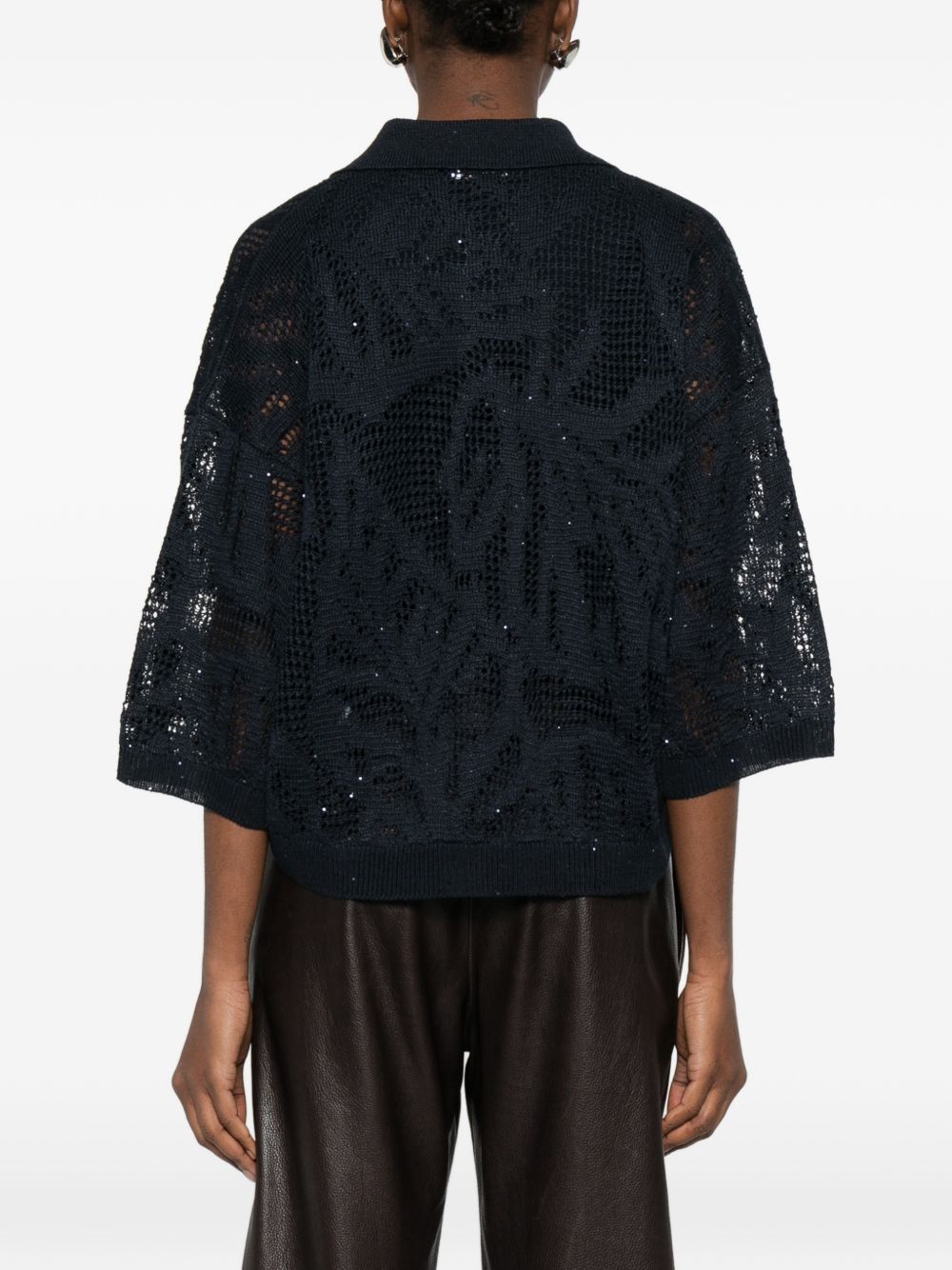 BRUNELLO CUCINELLI Blusa traforata in cotone blu scuro con scollo a V 