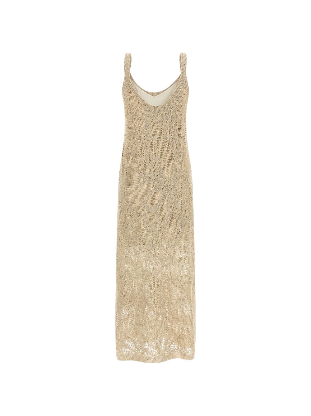 BRUNELLO CUCINELLI Abito midi in crochet in lino misto cotone beige 