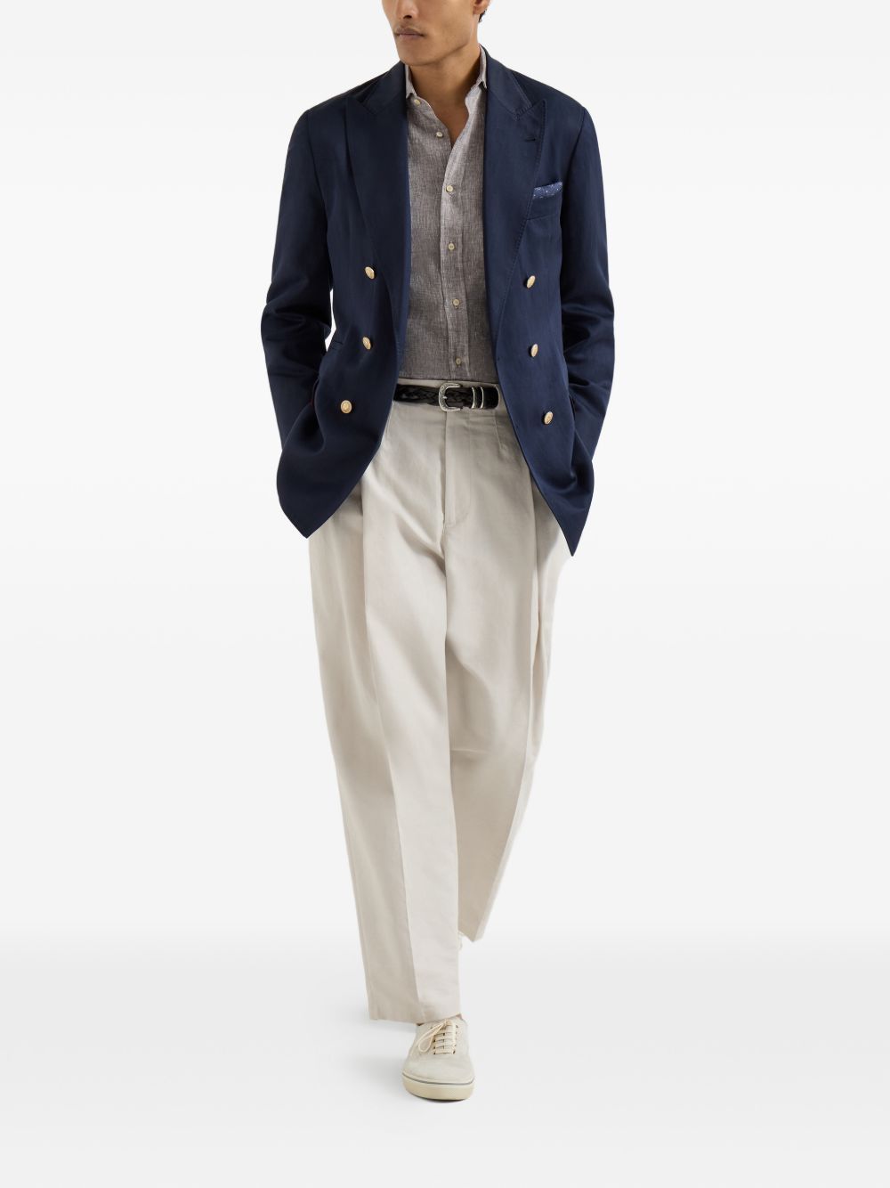 BRUNELLO CUCINELLI Camicia marrone nocciola in lino con chiusura a bottoni 