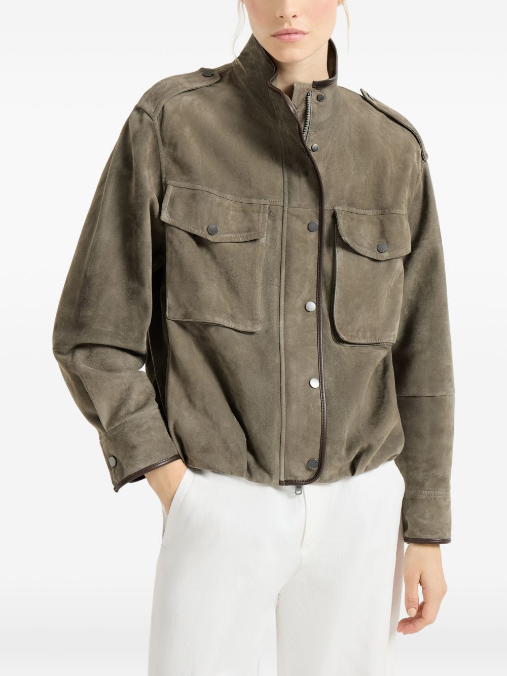 BRUNELLO CUCINELLI Giacca verde in suede con zip e bottoni 