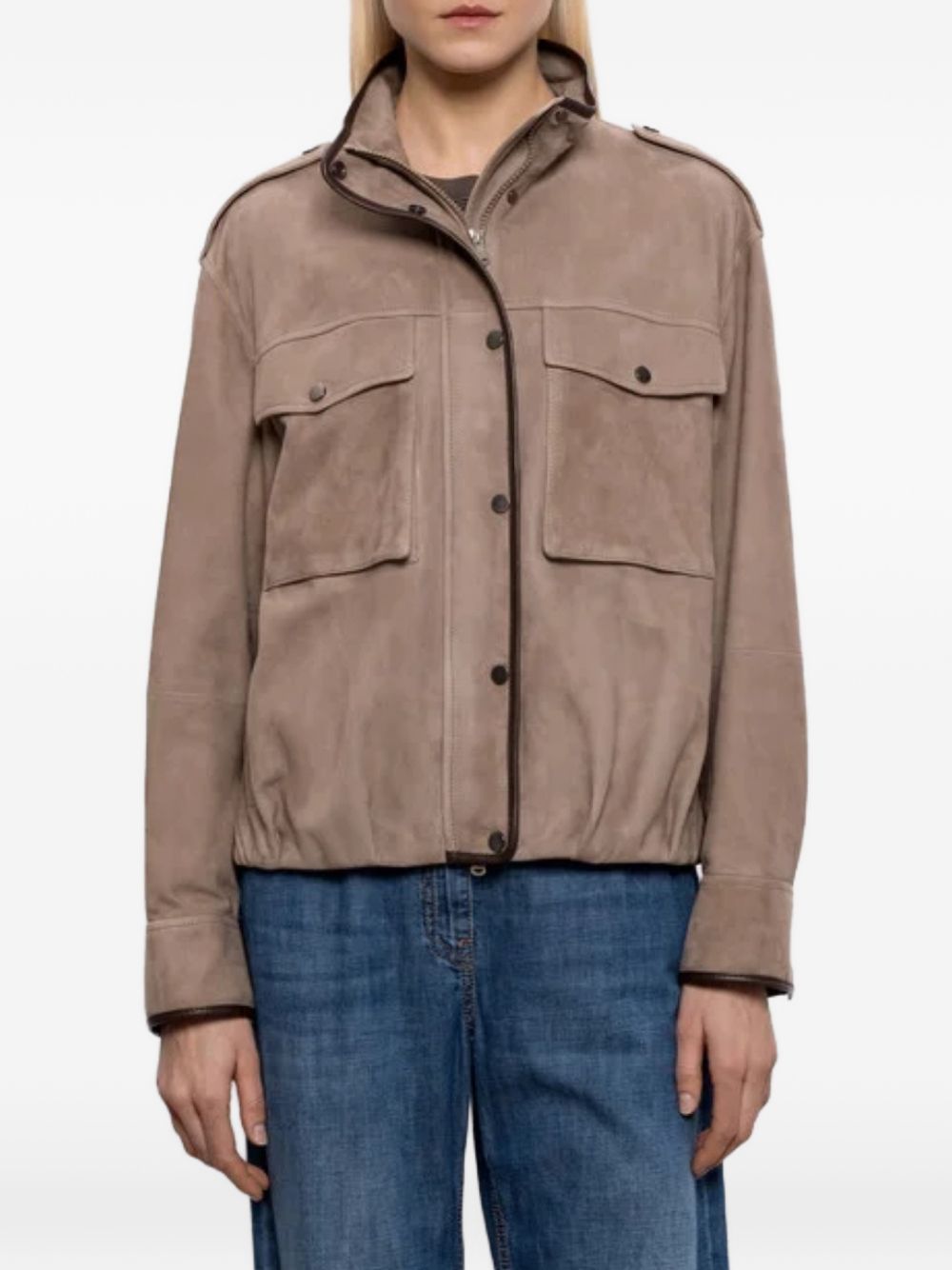 BRUNELLO CUCINELLI Giacca in suede marrone con spalline e tasche 