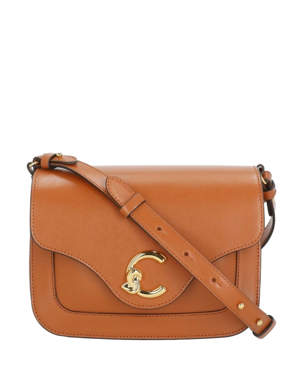 COCCINELLE Borsa a tracolla in pelle marrone con placca logo 