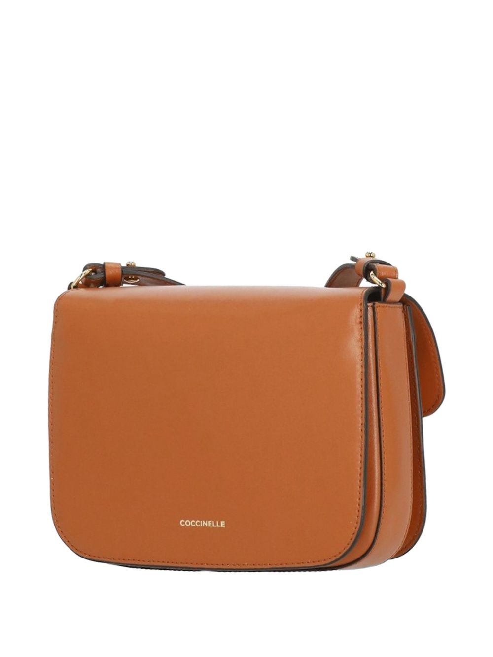 COCCINELLE Borsa a tracolla in pelle marrone con placca logo 
