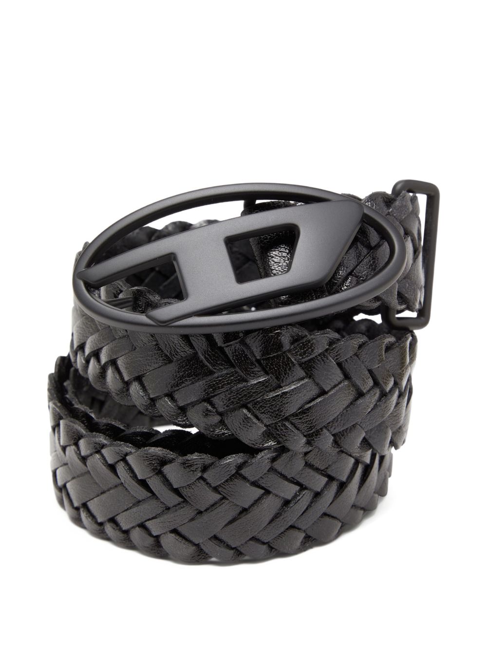 DIESEL Cintura intrecciata in pelle nera con fibbia logo 