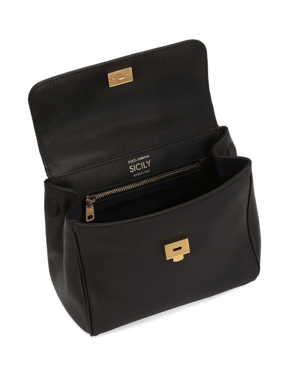 DOLCE e GABBANA Borsa a mano Sicily in pelle nera con dettagli oro 