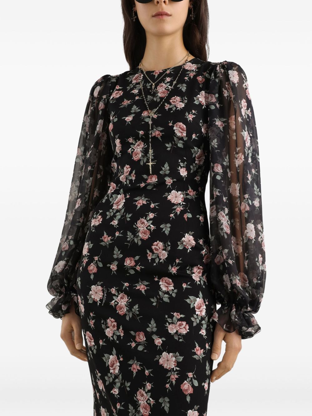 DOLCE e GABBANA Abito midi nero aderente con stampa floreale 
